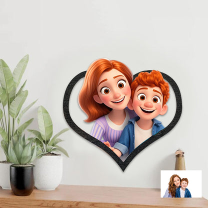 Personalized Pixar Cartoon Style Photo Heart Shaped Wooden Sign