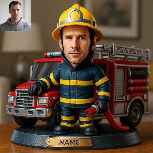 Personalized Firefighter Photo Cartoon Statue Ornament