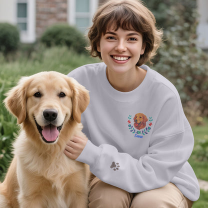 Custom Embroidered-Style Pet Sweatshirt – Personalized Pullover with Pet Name & Wreath
